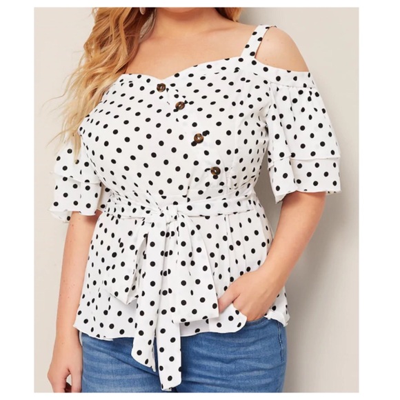 ➕Polka-dot Cold Shoulder Top - Picture 5 of 6